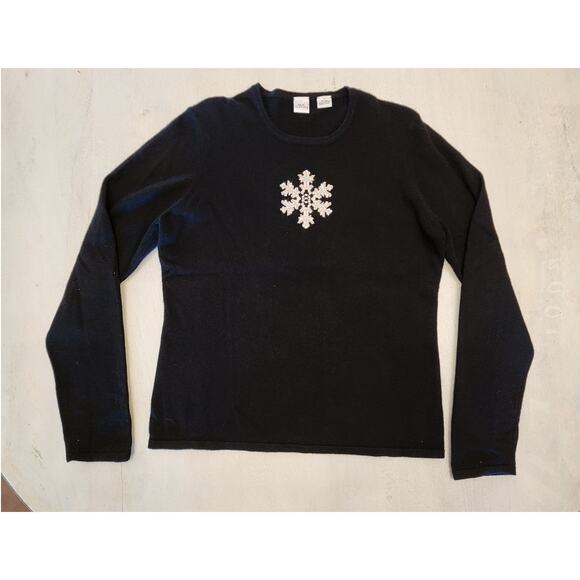 Real Clothes Silk Cashmere Black Crewneck Sweater Winter Snowflake SZ Medium - Picture 5 of 9